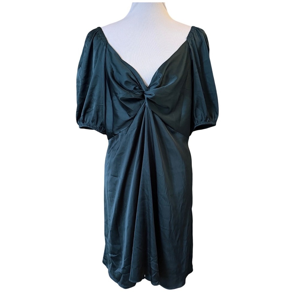Express Satin Twist Front Puff Sleeve Dress Women XL Emerald Green Midi Cocktail